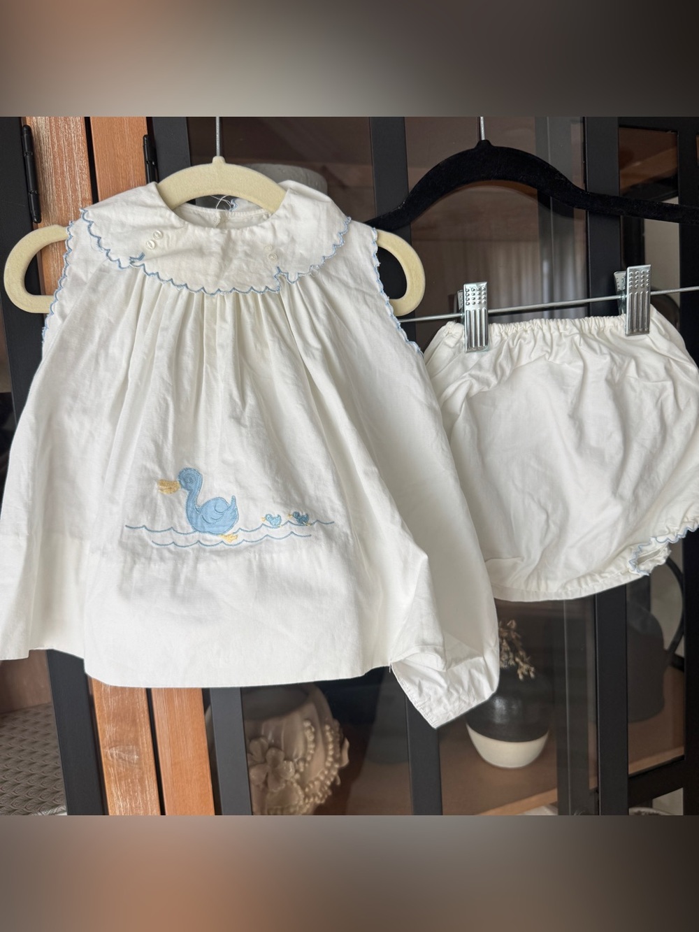 Vintage embroidered ducklings set scalloped bib collar dress top dress bloomers